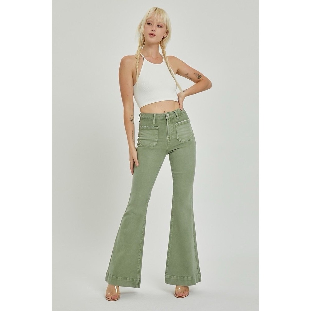 Risen - High Rise Patch Pocket Bell Bottom Jeans Size 0/24 Inseam 32" Olive